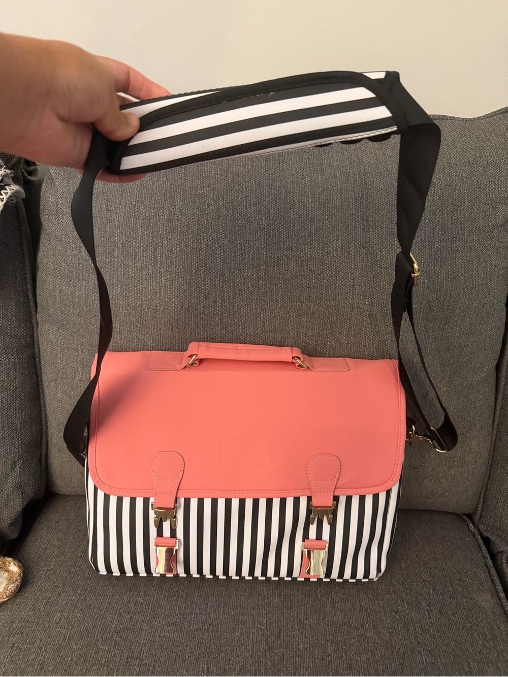 Pink + Black Striped Laptop Satchel Shoulder Bag